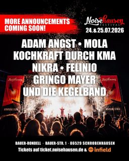 🔥So much talent on our stages! Hier kommt die zweite Bandwelle für das Noisehausen Festival 2026 mit @adam_angst , @molamusic , @gringomayer , @kochkraft.durch.kma , @nikra.musik und @feliniomusic . 🔥

Unterstützt kleine Festivals und sichert euch Tickets im Vorverkauf! Support your locals. Links in bio. More announcements coming soon. 

#noisehausen #noisehausenfestival #noisehausen2026 #lineup #announcements #news #bands #festival #livemusic #concerts #festivalseason #festivevibes #schrobenhausen #munich #nürnberg #augsburg #ingolstadt