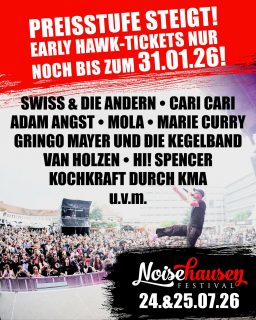 🔥Jetzt noch ein „Early Hawk-Ticket“ für das Noisehausen Festival 2026 sichern. Nur noch bis zum 31.01.26! Links in bio. Hardtickets gibt es noch ein paar wenige im @thebrownbag__ . Support your Local festival! 🔥
#noisehausen #noisehausenfestival #noisehausen2026 #festival #tickets