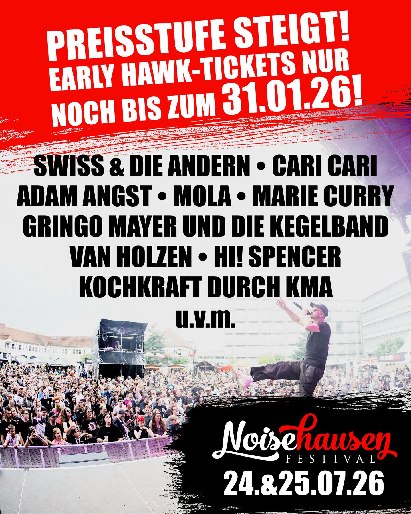 🔥Jetzt noch ein „Early Hawk-Ticket“ für das Noisehausen Festival 2026 sichern. Nur noch bis zum 31.01.26! Links in bio. Hardtickets gibt es noch ein paar wenige im @thebrownbag__ . Support your Local festival! 🔥
#noisehausen #noisehausenfestival #noisehausen2026 #festival #tickets