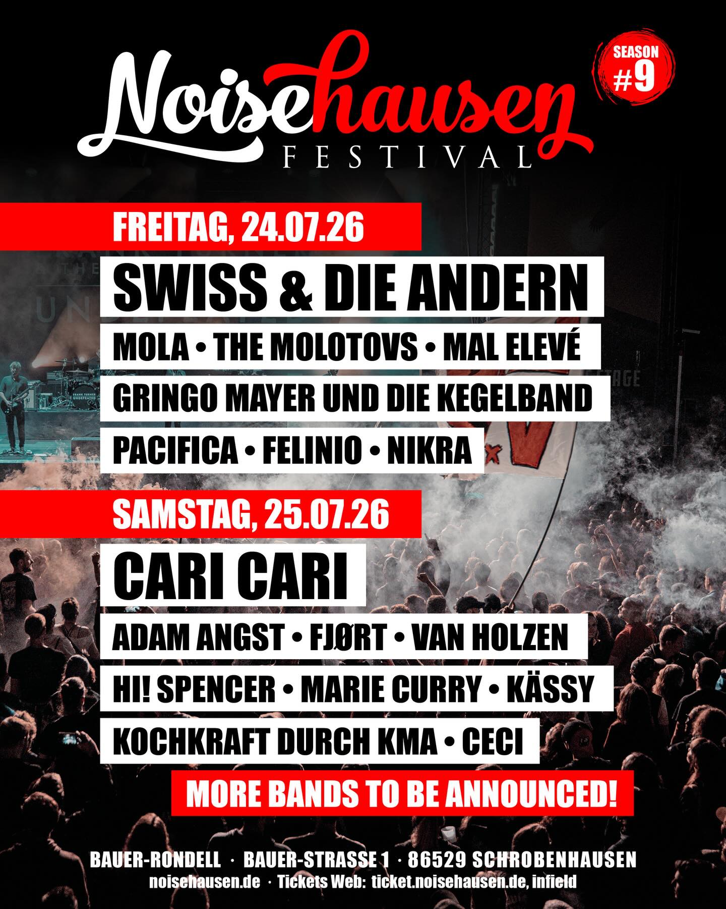 🔥 Hier kommt die Tagesaufteilung unserer bisher angekündigten Bands. Tagestickets sind in unserem Ticketshop erhältlich. Links in bio. More bands to be announced soon. Stay tuned for more happy days! 🔥
#noisehausen #noisehausenfestival #noisehausen2026 #festival #lineup