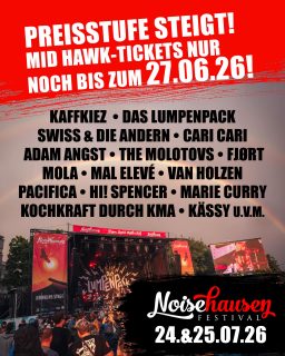 🔥 Save your tickets for Noisehausen Festival 2026! Bis kommenden Montag gibt es noch die Mid Hawk-Tickets bei uns im Ticketshop, @infield.live , im @thebrownbag__ und in @sigskneipn ! Links in bio. Danach geht’s in die Late Hawk-Verkaufsstufe. 🔥
#noisehausen #noisehausenfestival #tickets #festival #love