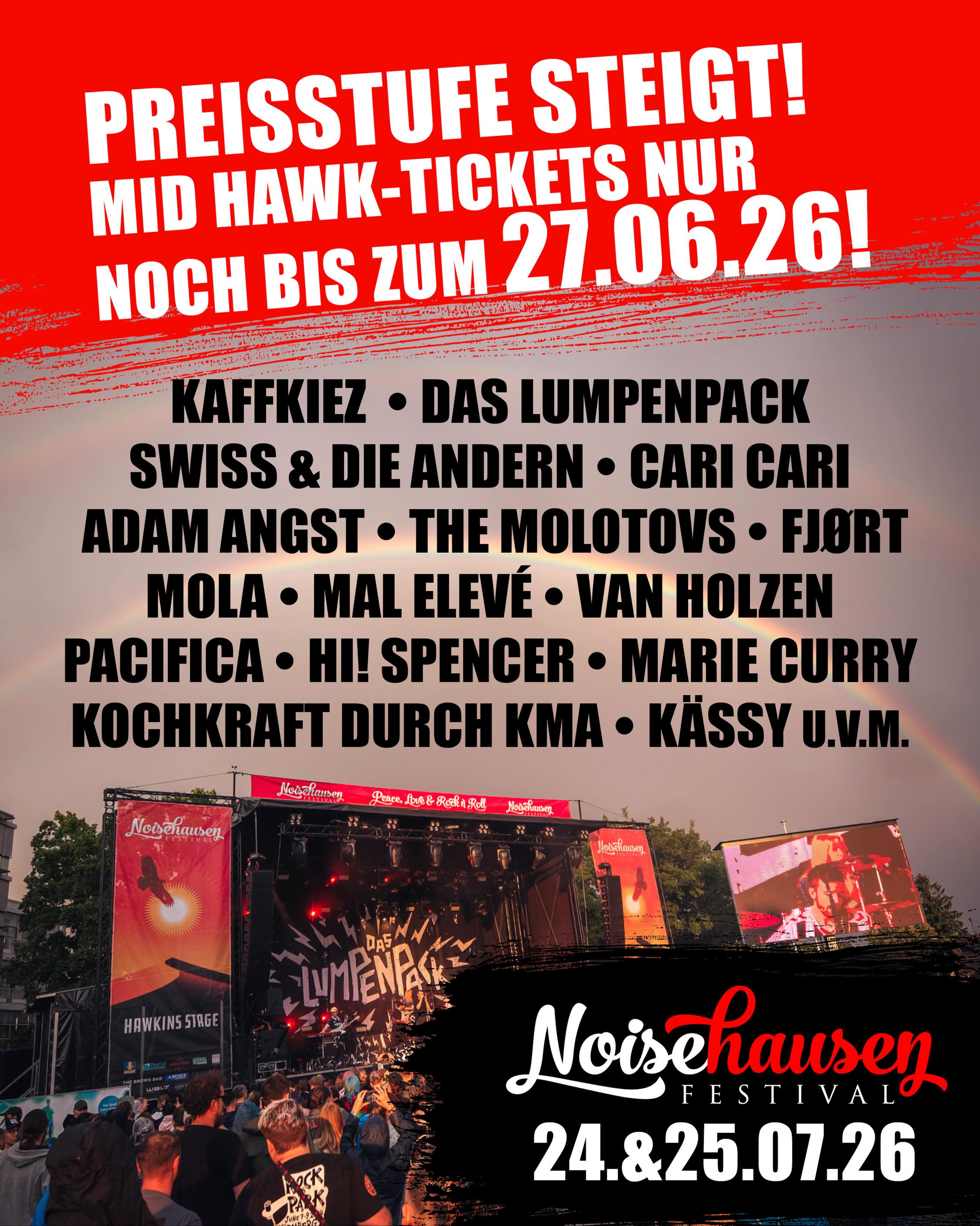 🔥 Save your tickets for Noisehausen Festival 2026! Bis kommenden Montag gibt es noch die Mid Hawk-Tickets bei uns im Ticketshop, @infield.live , im @thebrownbag__ und in @sigskneipn ! Links in bio. Danach geht’s in die Late Hawk-Verkaufsstufe. 🔥
#noisehausen #noisehausenfestival #tickets #festival #love