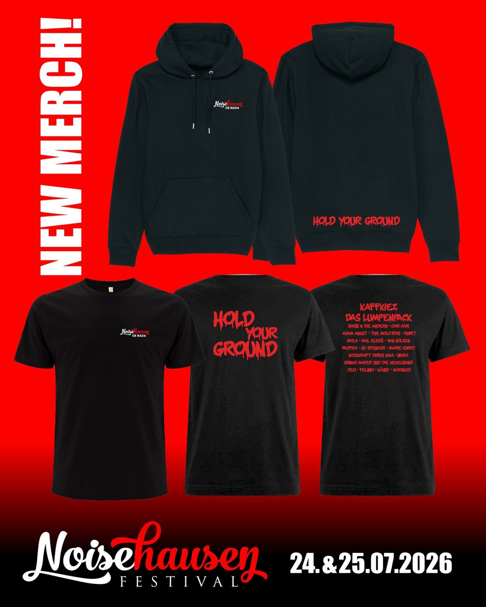 🔥 New Merch in the house. Neue Shirts und Hoodies auf dem Noisehausen Festival 2026 erhältlich. Hold your ground! ❤️🔥
#noisehausen #noisehausenfestival #new #merch #festival