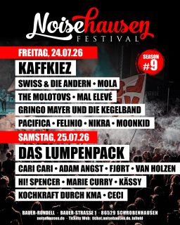 🔥 Noisehausen Festival 2026 mit Kaffkiez, Das Lumpenpack, Swiss & Die Andern, Cari Cari, Adam Angst, Fjørt, Mola, Van Holzen, Marie Curry und vielen mehr. Jetzt noch Tickets sichern. Links in bio. Better be 
fast! 🔥

#noisehausen #noisehausenfestival #festival #love #summer